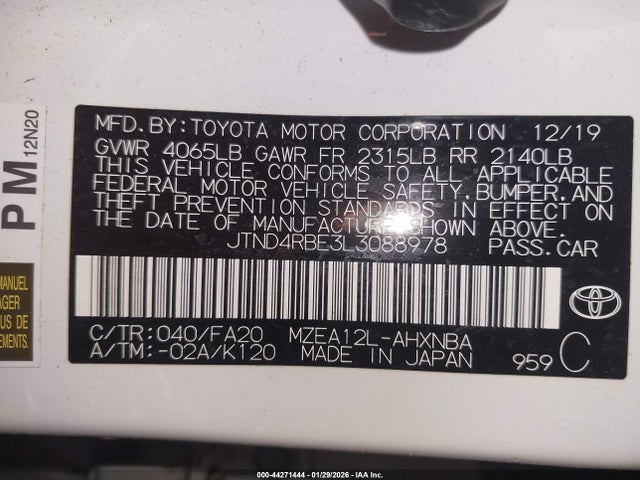 2020 TOYOTA COROLLA JTND4RBE3L3088978 Photo 8