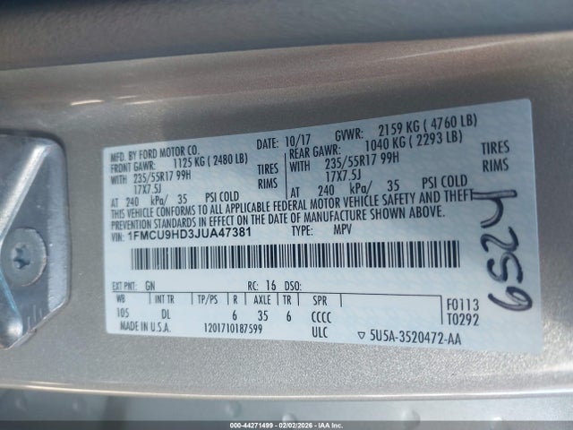 1FMCU9HD3JUA47381 Ford ESCAPE SEL