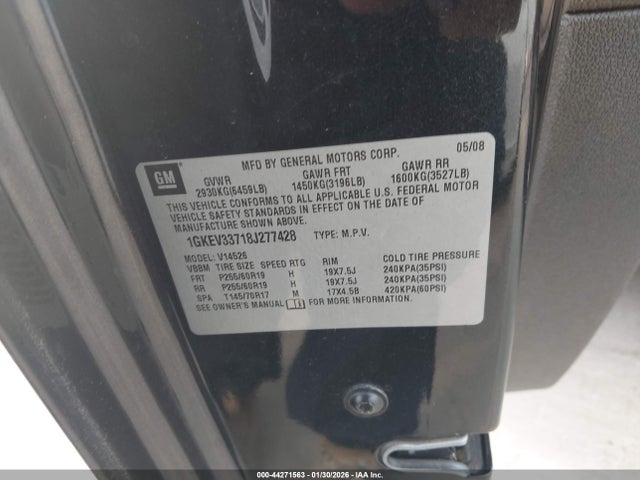 Aukcja sprzedaży 2008 Gmc Acadia Slt-2, vin: 1GKEV33718J277428, numer aukcji: 44271563