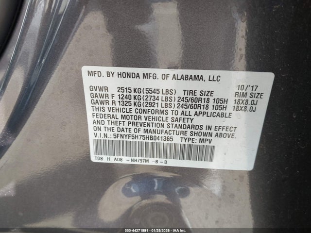 5FNYF5H75HB041365 Honda Pilot Ex-l