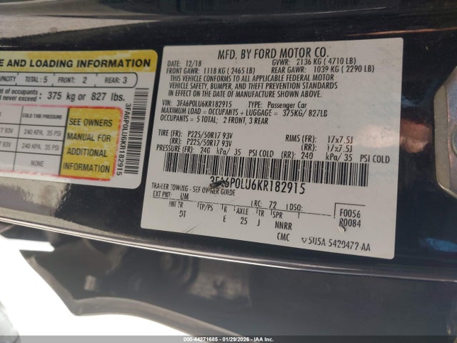 3FA6P0LU6KR182915 Ford Fusion Hybrid Se