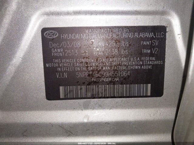 2009 HYUNDAI SONATA 5NPET46C99H551064 Photo 8