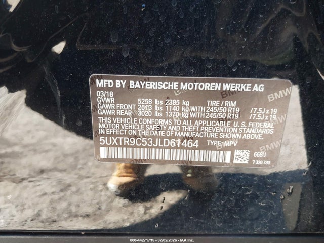 Продаж на аукціоні авто 2018 Bmw X3 Xdrive30i, vin: 5UXTR9C53JLD61464, номер лоту: 44271735