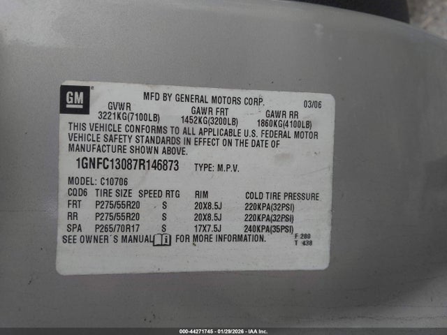 44271745 :رقم المزاد ، 1GNFC13087R146873 vin ، 2007 Chevrolet Tahoe Ltz مزاد بيع