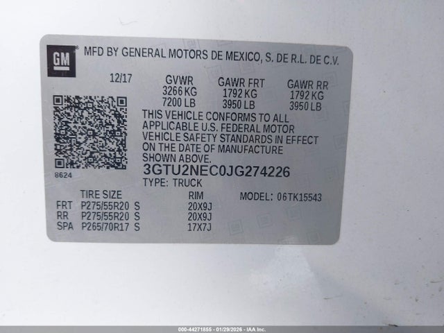 Продаж на аукціоні авто 2018 Gmc Sierra 1500 Slt, vin: 3GTU2NEC0JG274226, номер лоту: 44271855