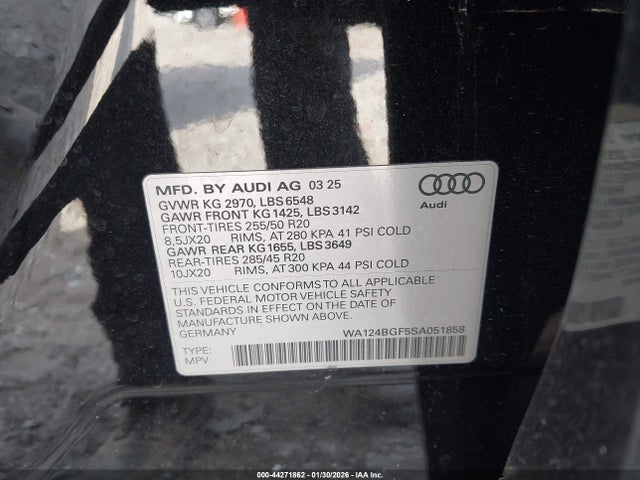 Aukcja sprzedaży 2025 Audi Q6 E-tron Premium Plus Quattro, vin: WA124BGF5SA051858, numer aukcji: 44271862