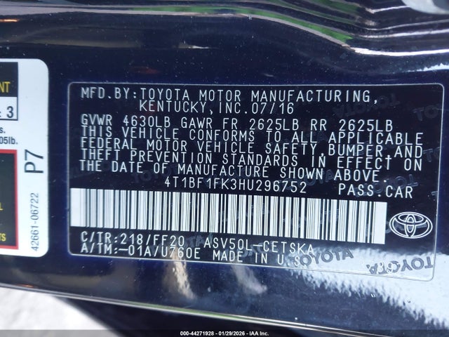 Toyota CAMRY SE 2017 4T1BF1FK3HU296752 Image 9