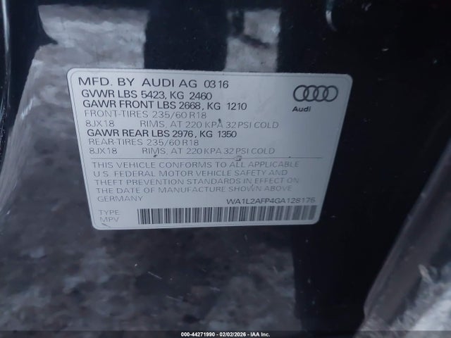Aukcja sprzedaży 2016 Audi Q5 2.0t Premium, vin: WA1L2AFP4GA128175, numer aukcji: 44271990