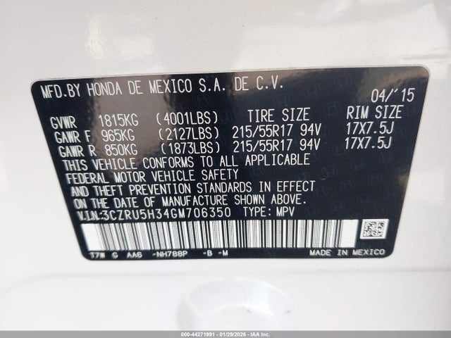 3CZRU5H34GM706350 Honda HR-V LX