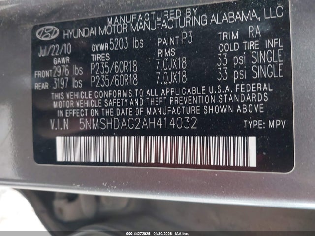 Продажа на аукционе авто 2010 Hyundai Santa Fe Se, vin: 5NMSHDAG2AH414032, номер лота: 44272025