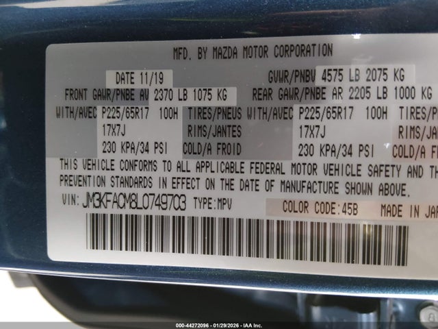 Auction sale of the 2020 Mazda Cx-5 Touring, vin: JM3KFACM8L0749703, lot number: 44272096