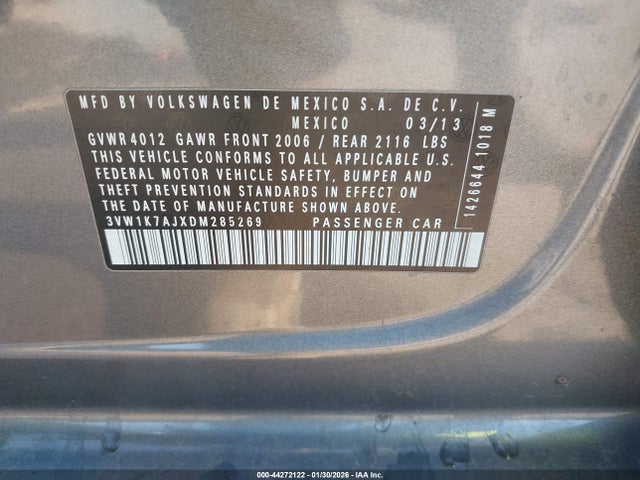 2013 Volkswagen Jetta 2.0l S მანქანა იყიდება აუქციონზე, vin: 3VW1K7AJXDM285269, აუქციონის ნომერი: 44272122