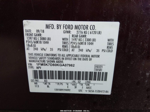 1FM5K7D80KGA07982 Ford EXPLORER XLT
