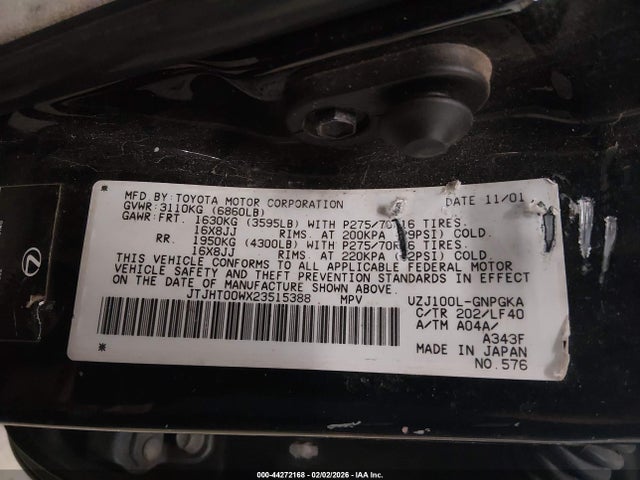 44272168 :رقم المزاد ، JTJHT00WX23515388 vin ، 2002 Lexus Lx 470 مزاد بيع