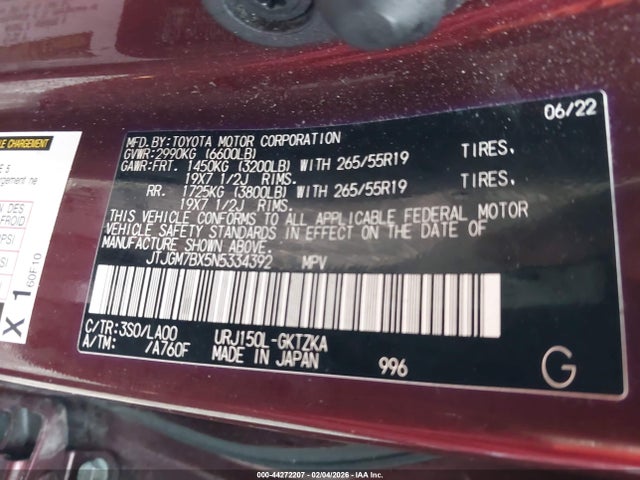 Aukcja sprzedaży 2022 Lexus Gx 460 Luxury, vin: JTJGM7BX5N5334392, numer aukcji: 44272207