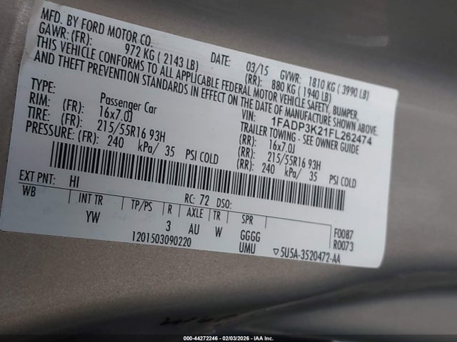 1FADP3K21FL262474 Ford FOCUS SE