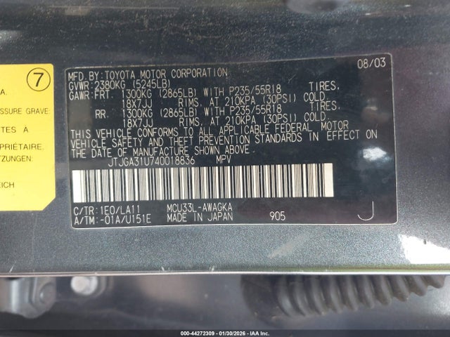 Aukcja sprzedaży 2004 Lexus Rx 330, vin: JTJGA31U740018836, numer aukcji: 44272309