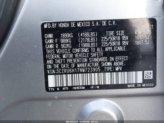 3CZRU6H17NM723905 Honda Hr-v Awd Sport