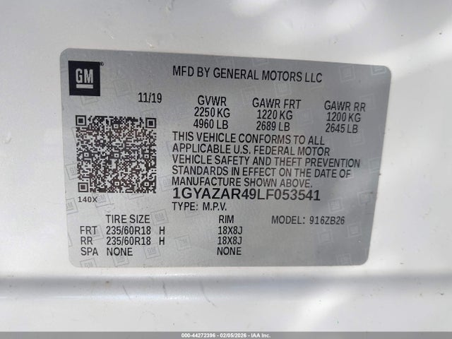 44272396 :رقم المزاد ، 1GYAZAR49LF053541 vin ، 2020 Cadillac Xt4 Fwd Luxury مزاد بيع