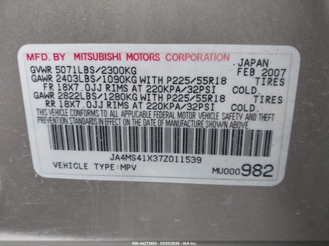 2007 MITSUBISHI OUTLANDER JA4MS41X37Z011539 Photo 8