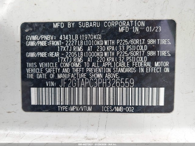 Aukcja sprzedaży 2023 Subaru Crosstrek Premium, vin: JF2GTAPC3PH326559, numer aukcji: 44272521
