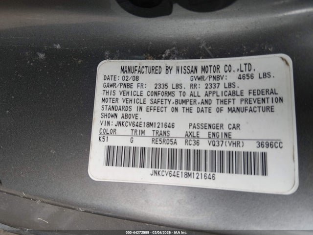 Продаж на аукціоні авто 2008 Infiniti G37 Journey, vin: JNKCV64E18M121646, номер лоту: 44272559