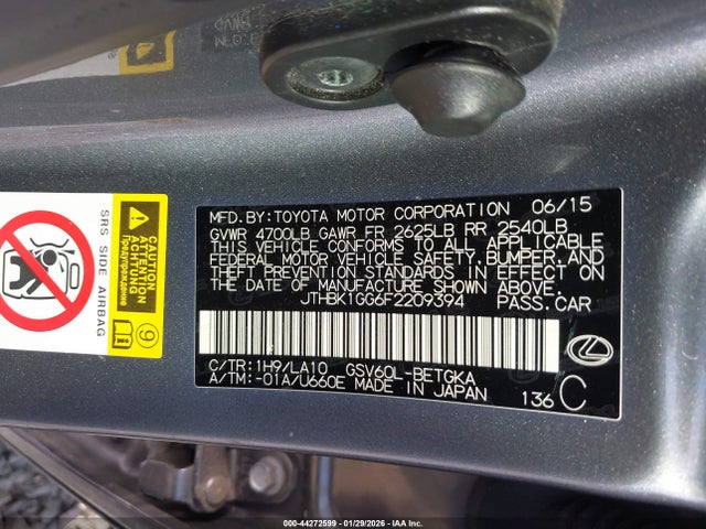 Aukcja sprzedaży 2015 Lexus Es 350, vin: JTHBK1GG6F2209394, numer aukcji: 44272599