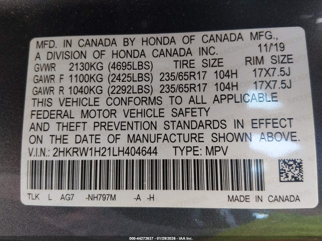 2HKRW1H21LH404644 Honda Cr-v 2wd Lx