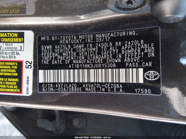 4T1B11HK3JU015308 Toyota CAMRY XLE