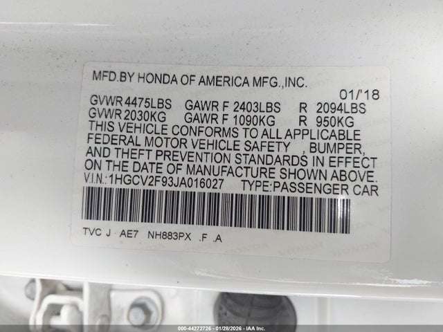 1HGCV2F93JA016027 Honda Accord Touring 2.0t