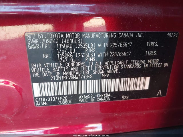2T3H1RFV9MW174948 Toyota RAV4 LE