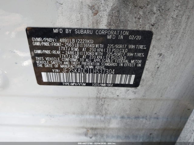 Aukcja sprzedaży 2020 Subaru Forester, vin: JF2SKADC1LH537304, numer aukcji: 44272768