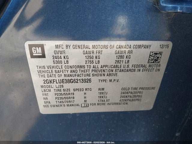 2016 Gmc Terrain Slt მანქანა იყიდება აუქციონზე, vin: 2GKFLUE38G6213926, აუქციონის ნომერი: 44272809