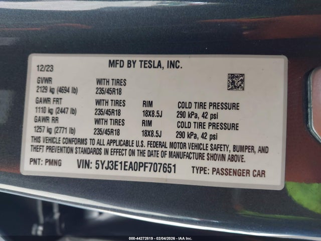 44272819 :رقم المزاد ، 5YJ3E1EA0PF707651 vin ، 2023 Tesla Model 3 Rear-wheel Drive مزاد بيع