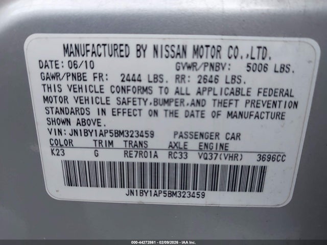 Aukcja sprzedaży 2011 Infiniti M37, vin: JN1BY1AP5BM323459, numer aukcji: 44272861