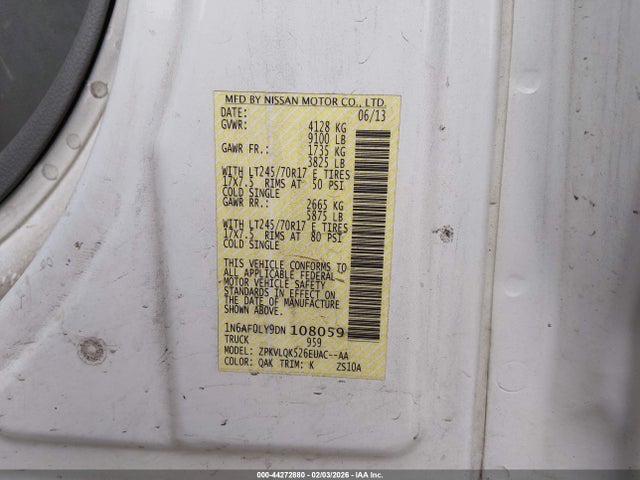 44272880 :رقم المزاد ، 1N6AF0LY9DN108059 vin ، 2013 Nissan Nv Cargo Nv2500 Hd S V8 مزاد بيع