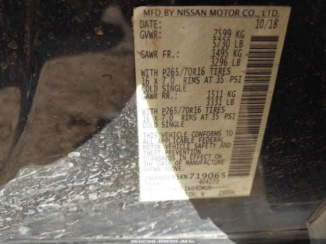 44272945 :رقم المزاد ، 1N6DD0ER5KN719065 vin ، 2019 Nissan Frontier S مزاد بيع