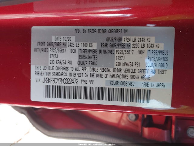 44272951 :رقم المزاد ، JM3KFBCM7M0322472 vin ، 2021 Mazda Cx-5 Touring مزاد بيع