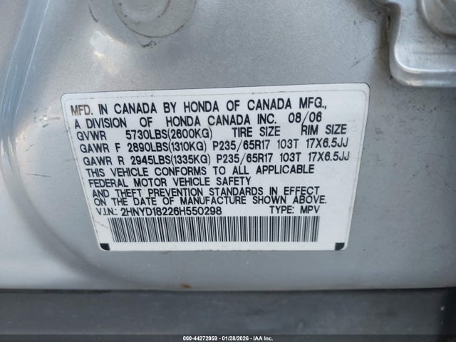 44272959 :رقم المزاد ، 2HNYD18226H550298 vin ، 2006 Acura Mdx مزاد بيع