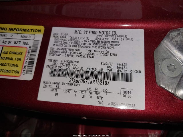 Ford FUSION S 2019 3FA6P0G71KR162107 Image 9