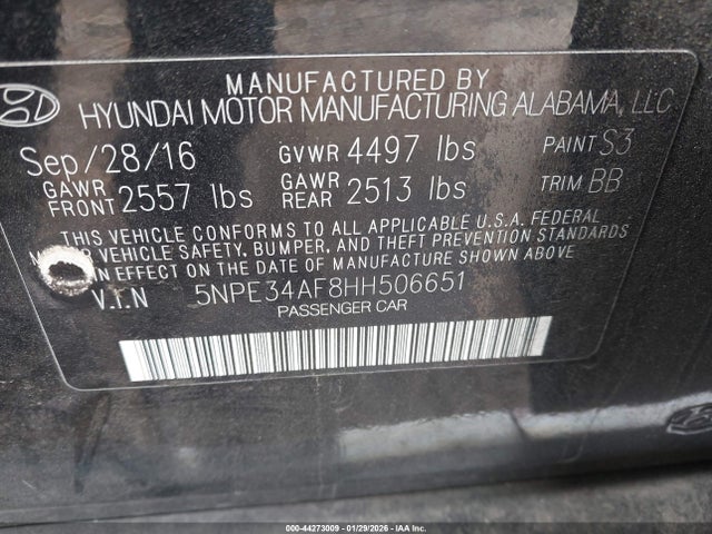 Aukcja sprzedaży 2017 Hyundai Sonata Sport, vin: 5NPE34AF8HH506651, numer aukcji: 44273009