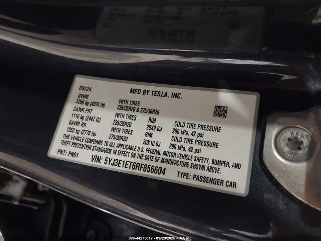 Продаж на аукціоні авто 2024 Tesla Model 3 Performance All-wheel Drive, vin: 5YJ3E1ET6RF856604, номер лоту: 44273017