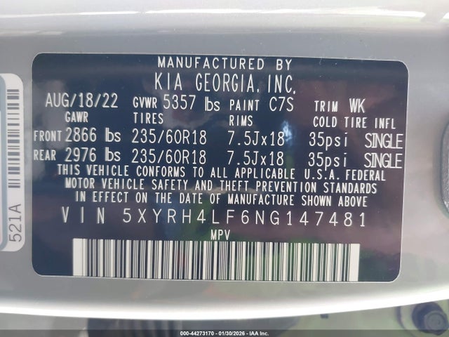 5XYRH4LF6NG147481 KIA SORENTO EX