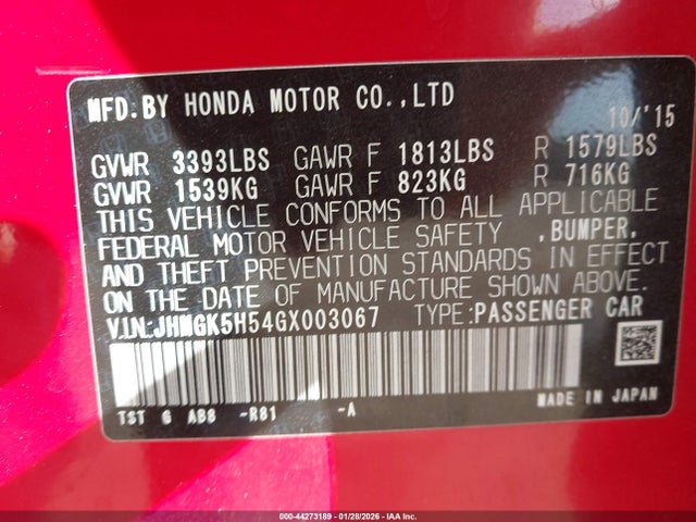JHMGK5H54GX003067 Honda FIT LX