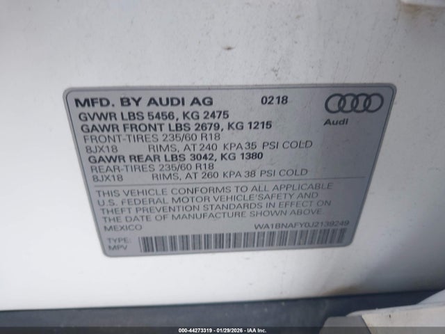 Продаж на аукціоні авто 2018 Audi Q5 2.0t Premium/2.0t Tech Premium, vin: WA1BNAFY0J2139249, номер лоту: 44273319