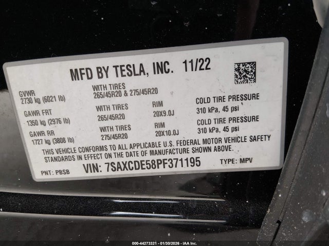 44273321 :رقم المزاد ، 7SAXCDE58PF371195 vin ، 2023 Tesla Model X Dual Motor All-wheel Drive/standard Range مزاد بيع