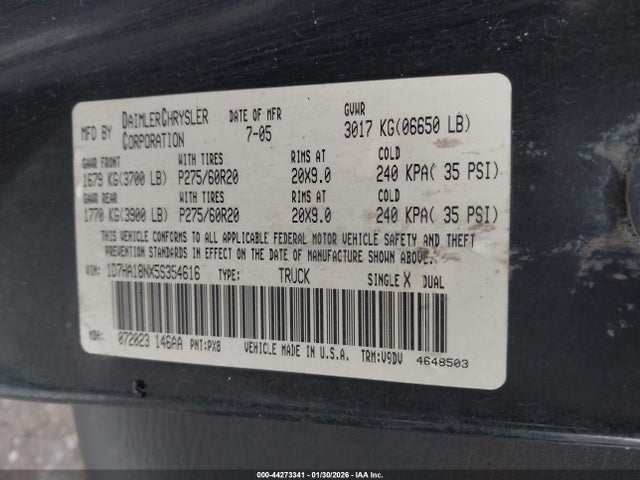 Aukcja sprzedaży 2005 Dodge Ram 1500 Slt/laramie, vin: 1D7HA18NX5S354616, numer aukcji: 44273341