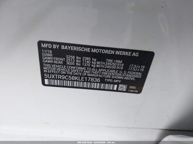 44273344 :رقم المزاد ، 5UXTR9C58KLE17836 vin ، 2019 Bmw X3 Xdrive30i مزاد بيع