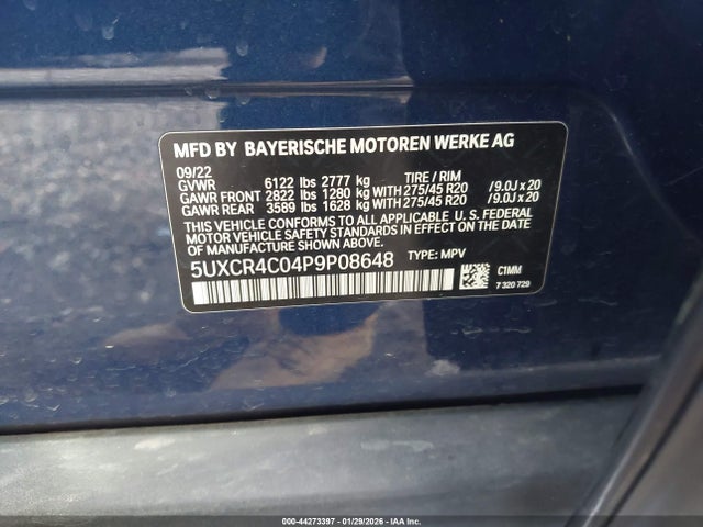 44273397 :رقم المزاد ، 5UXCR4C04P9P08648 vin ، 2023 Bmw X5 Sdrive40i مزاد بيع