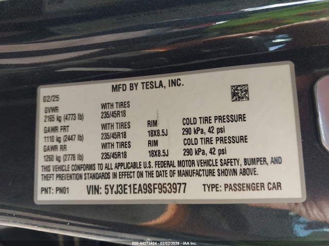 Aukcja sprzedaży 2025 Tesla Model 3 Long Range Rear-wheel Drive/standard Rear-wheel Drive, vin: 5YJ3E1EA9SF953977, numer aukcji: 44273404